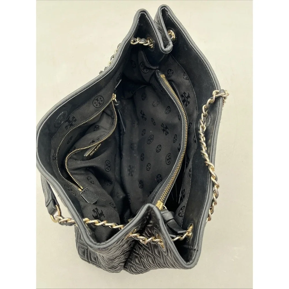 Tory Burch Marion Black Quilted Leather Tote Bag Chain Strap Large‎